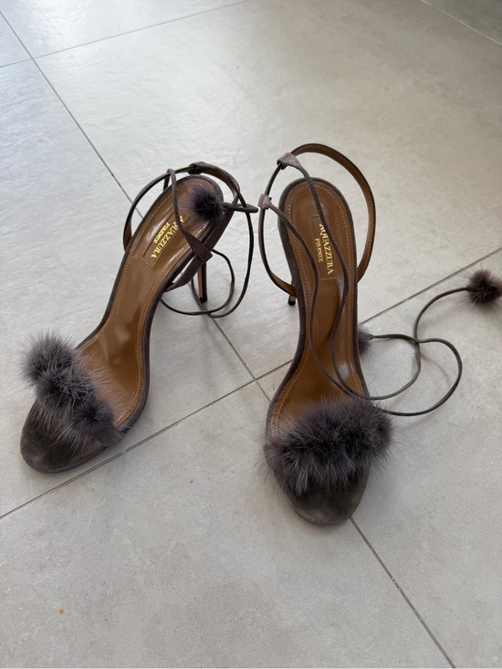 Aquazzura Shoes - Aquazzura Brown Suede Pom-Pom Lace-Up Stilettos